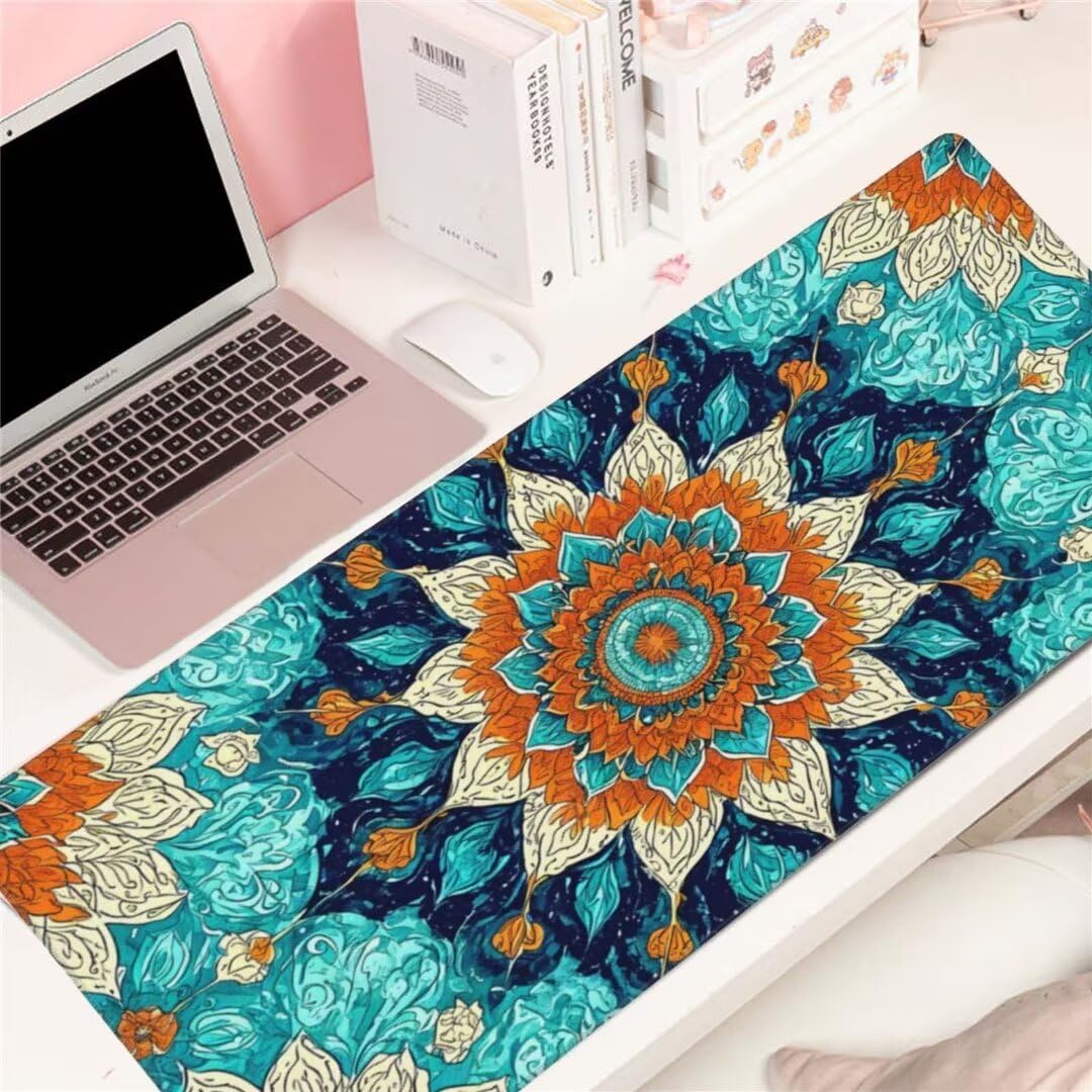Alfombrilla de ratón 1400x600x3 MM, Alfombrilla Ratón XXL Extendida de Gran Tamaño con Bordes Cosidos, Base de Goma Antideslizante Almohadilla para Teclado, Flores de Mandala S-8723
