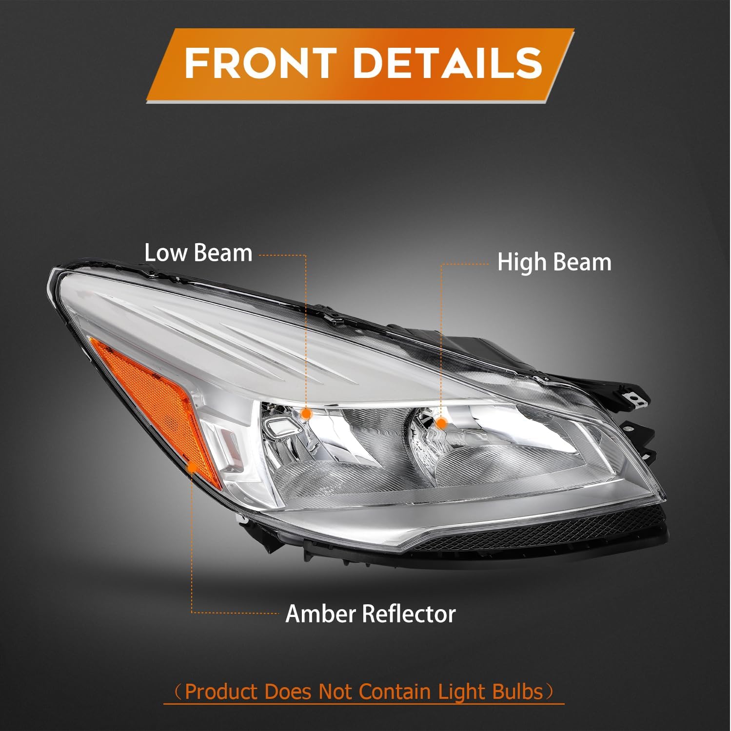 Headlight Assembly for ford for Escape 2013-2016 Chrome Housing Clear Lens Amber Reflector Driver and Passenger Side Headlamp