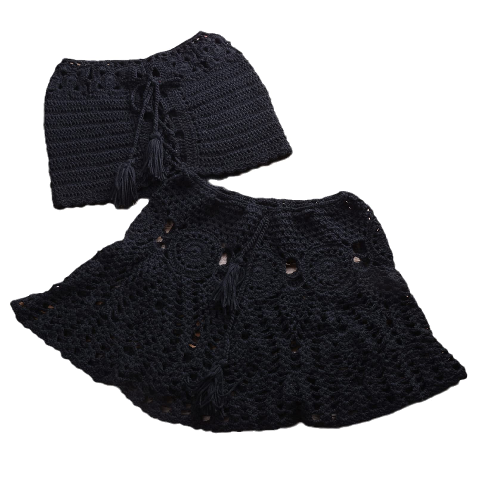 Verano Sexy Hombro Crochet Bikini Conjunto Top Y Falda Traje De Baño Mujeres Alta Cintura Color Sólido Traje De Baño Moda Hueco Ropa