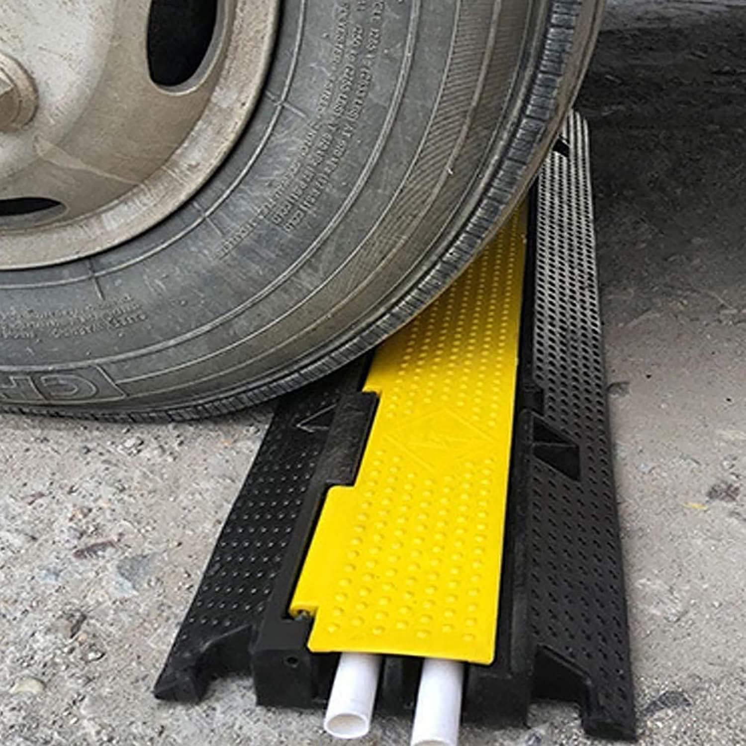 2 Channel Rubber Cable Protector Ramps Heavy Duty 11000Lbs Load Capacity Protective Wire Cord Ramp Driveway Traffic Speed Bumps Hose Cable Ramp Cover for Indoor Outdoor, Black & Yellow