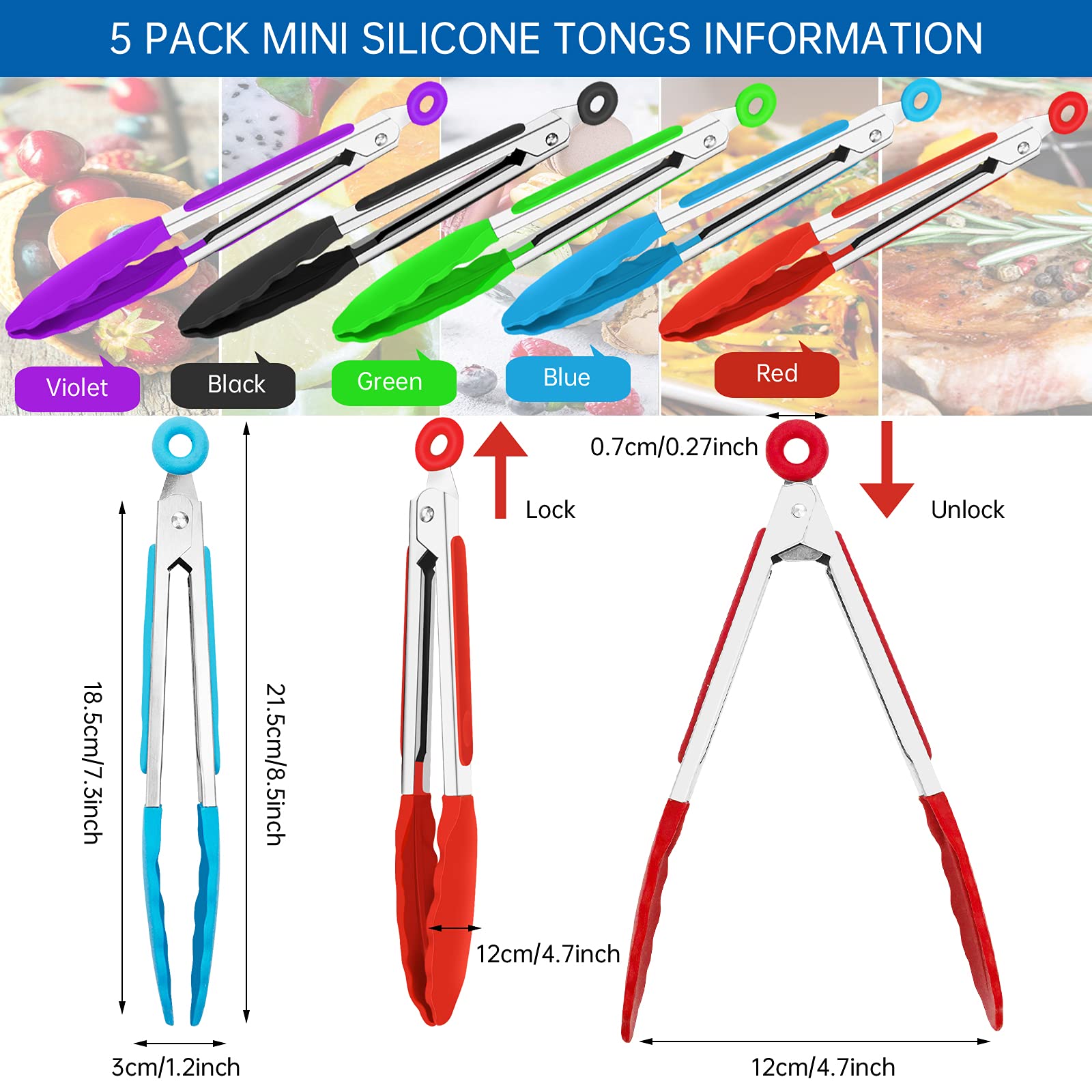 Set 5 Pinze Da Cucina In Silicone E Acciaio Inox 17 Cm - Colorate, Antigraffio, Resistenti Al Calore, Per Griglia E Insalata