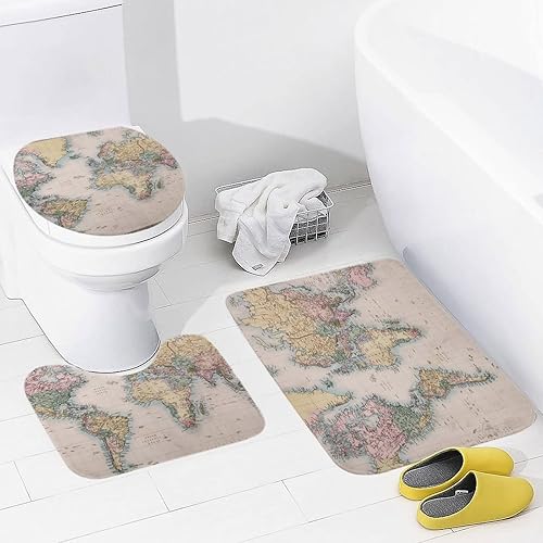 Miniatura 2 de World Map - Juego de alfombras de baño para 3 piezas, tapetes de inodoro, suaves y cómodos, absorben el agua, antideslizantes, más fáciles de secar