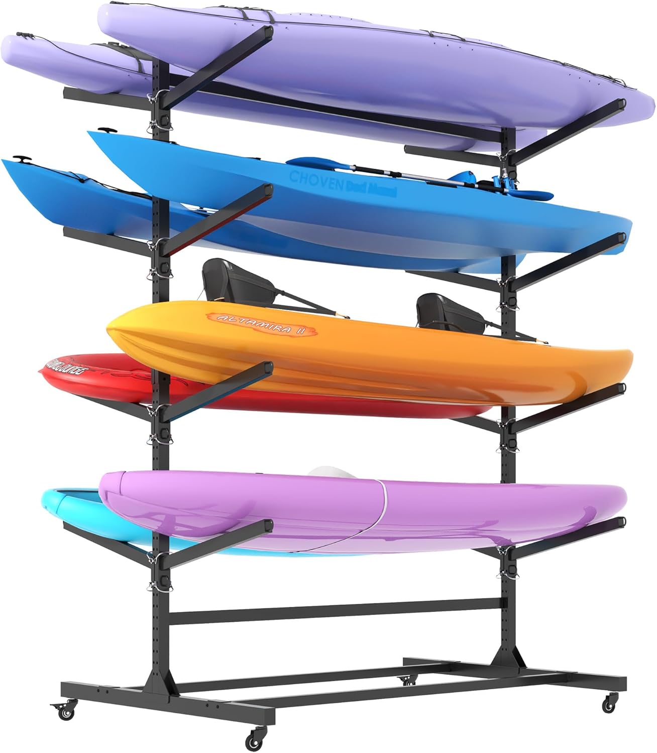82"H Kayak Storage Rack - Heavy Duty Freestanding Kayak Stands with Lockable Wheels | Adjustable Kayak Racks Holds 8 Kayaks, Canoes, Surfboards and Paddleboards for Garage Indoor & Outdoor Use