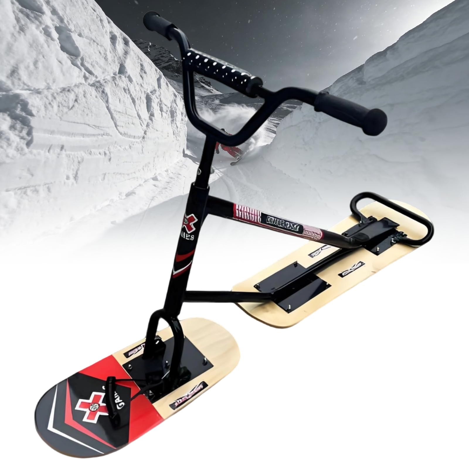 Trottinette de ski tout-terrain pour adulte avec poignée de direction à 360° et design double planche, charge maximale 150 kg, idéal pour la neige tout-terrain et le plaisir des stations de ski