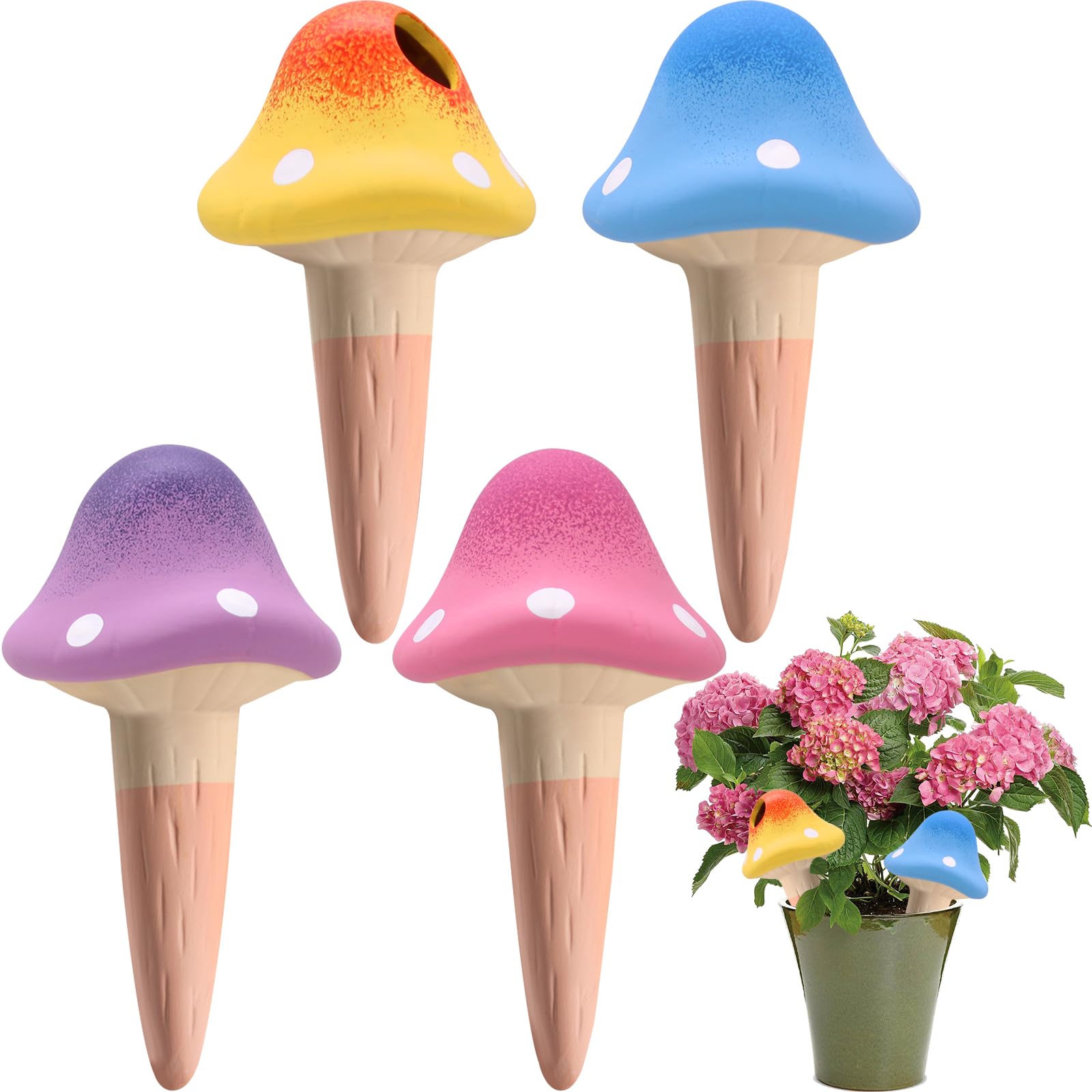 4 pack terracotta mushroom watering spikes in multiple colors