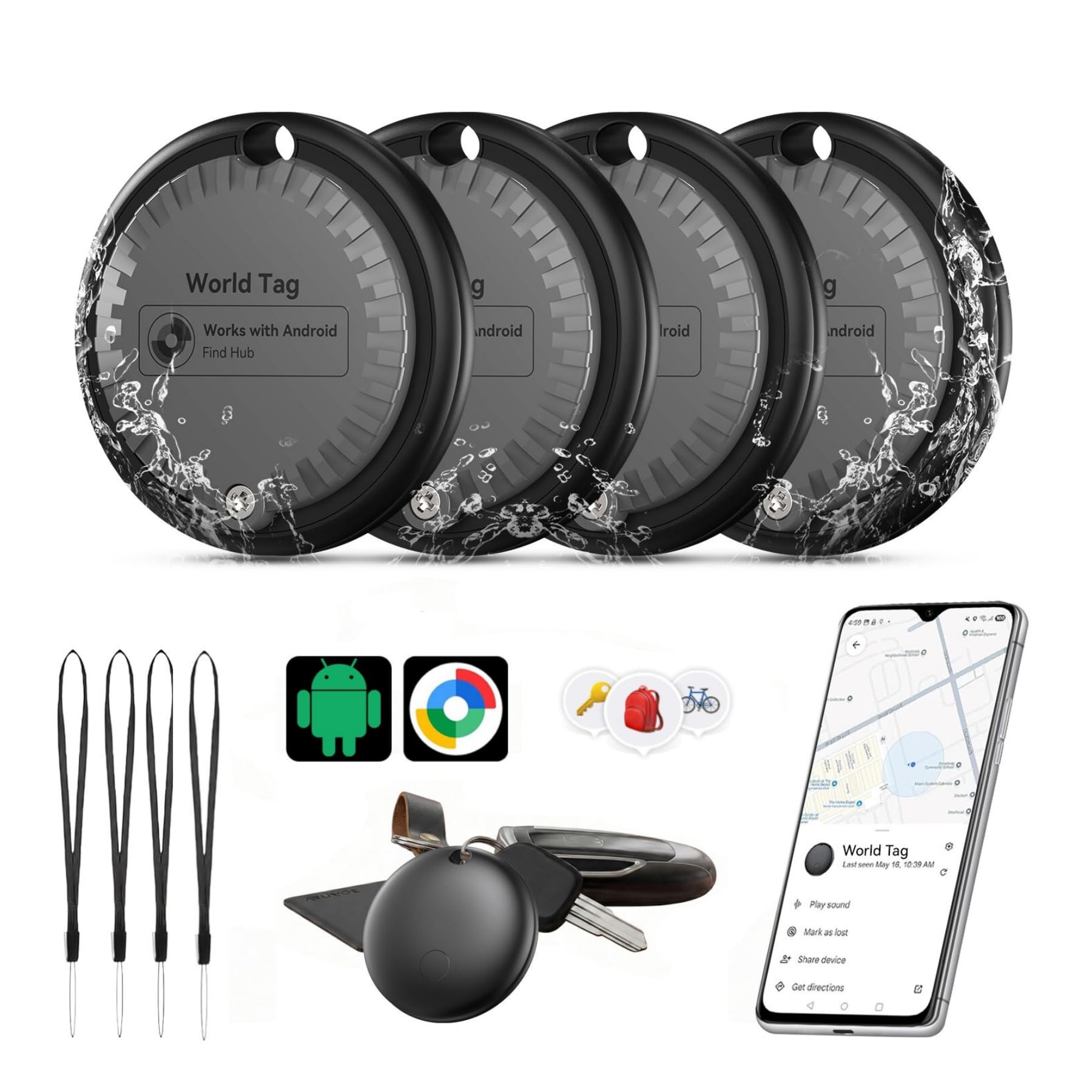 Smart Tag Tracker Android, Tracker Bluetooth Localizzatore Compatibile con “Google Find Hub”, Air Tracker Tags Batteria Sostituibile Trova Oggetti per Chiavi/Bagagli/Borsa a Mano (nero, 4 pcs)