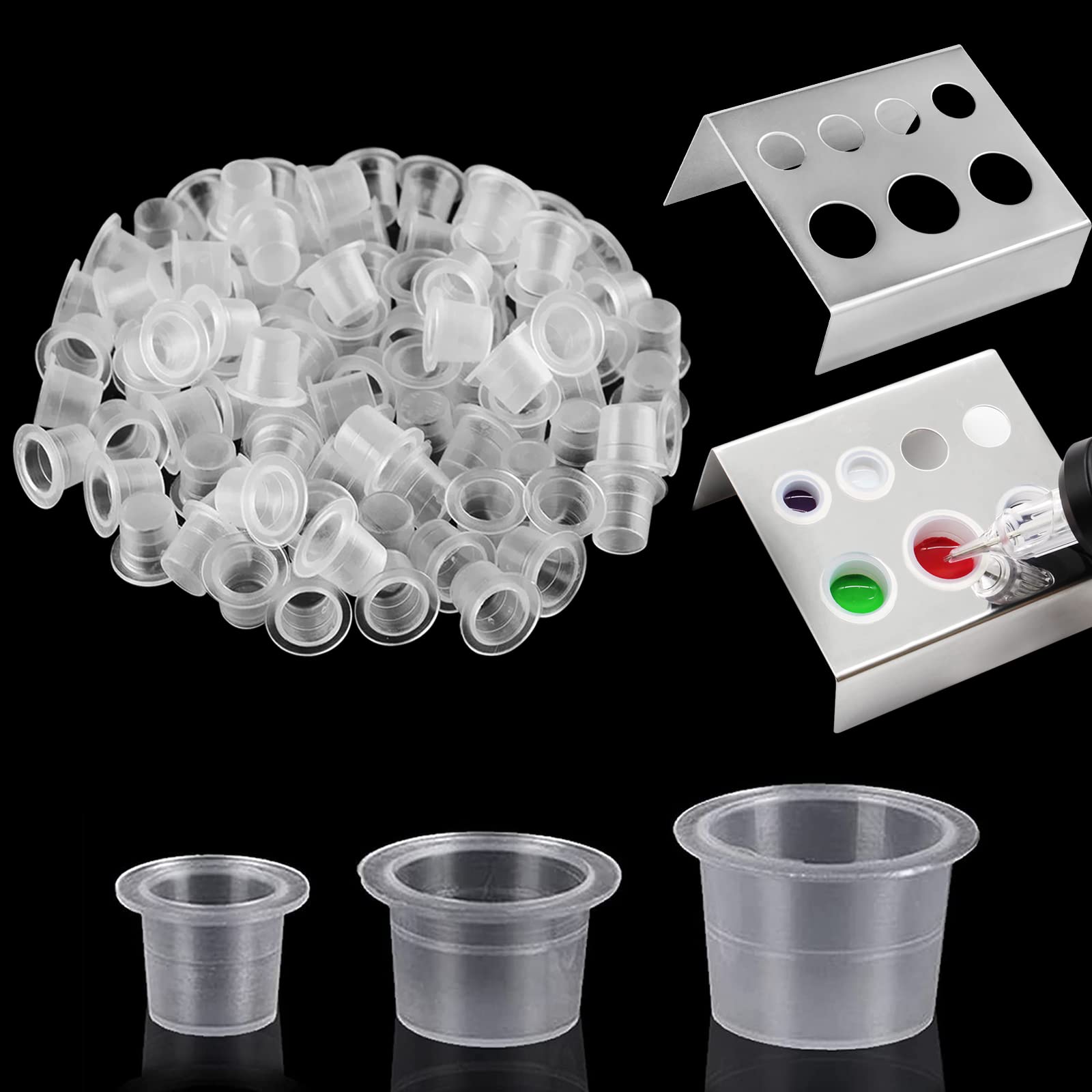 Tattoo Ink Caps and Holders, Emalla 300pcs Tattoo Ink Cups 100 Small 100 Medium 100 Large Tattoo Pigment Caps and 2pcs Ink Cup Holders for Tattoo Ink Tattoo Accessories — image 1