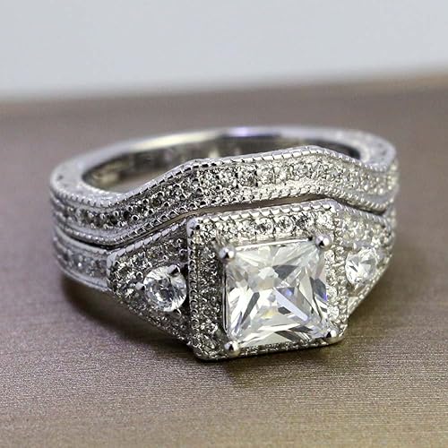 Miniatura 4 de LOVERSRING Juego de anillos para parejas, para novias, chapado en oro blanco de 10 quilates, circonita blanca AAA, anillo de compromiso