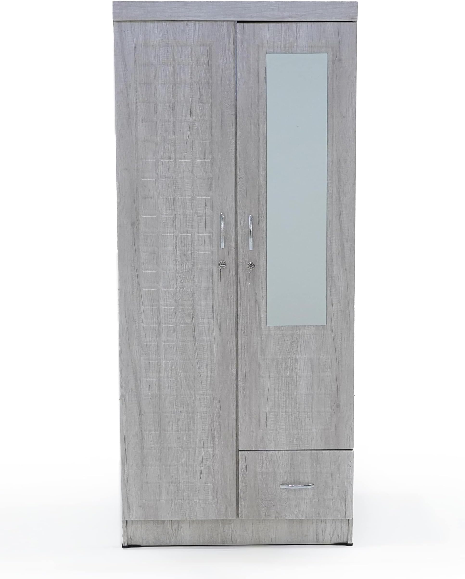 TWO DOOR WOODEN WARDROBE/LOCKER/STORAGE/CABINET/WITH MIRROR,ONE DRAWER AT BOTTOM,ONE SIDE CLOTHES HANGER & 4 SHELVES ON OTHER SIDE,MODEL 72,COLOR MAPLE