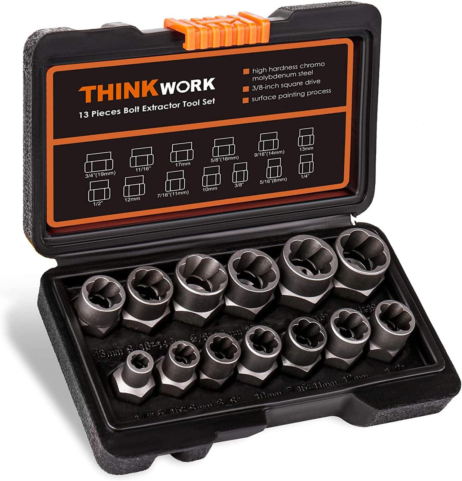 THINKWORK Impact Bolt Extractor Set, 13-Piece Bolt & Nut Remover Set, Stripped Bolt Extractor Socket Set, Bolt Extractor Tool Set for Removing Damaged, Frozen, Rusted, Rounded-Off Bolts, Nuts & Screws