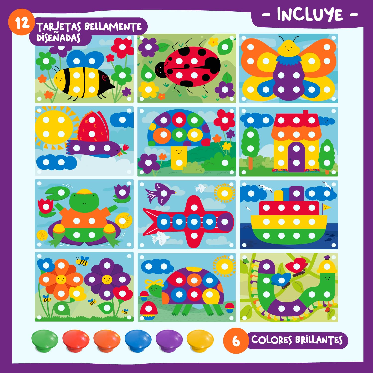 Nene Toys Wooden Puzzle for Children 2+ Years – Montessori Toy with Coloured Buttons and Cards – Children's Educational Mosaic for Fine Motor Skills – Gift Boy Girl 2 3 Years – Educational Game - 4