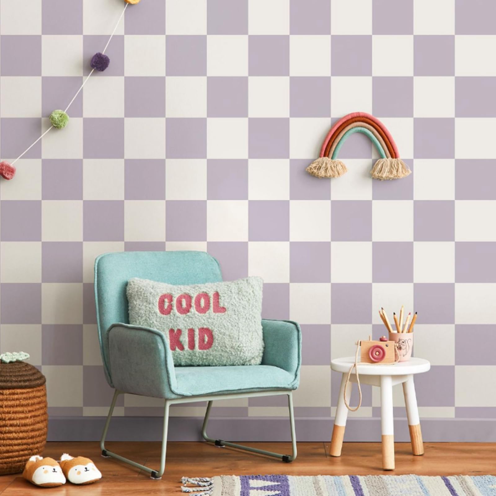 SOPHIE LAURENCE Lilac and White Check Wallpaper – Smooth Flat Finish | Kids’ Bedroom and Playroom Feature Wall Pattern