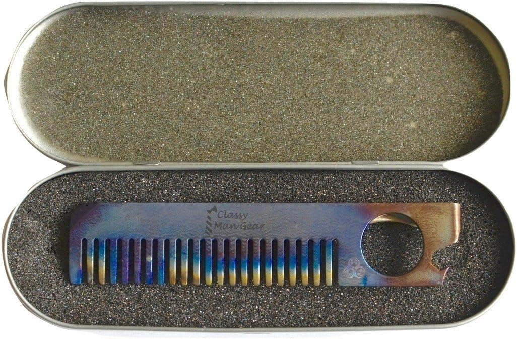 Classy Man Gear Premium Titanium Pocket Beard & Hair Comb Multi Tool Rainbow Anodized