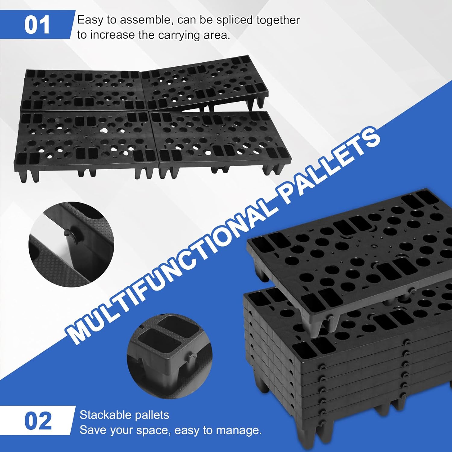 ZJS Plastic Pallets, Nestable Polyethylene Pallet with Breathable Grids Lightweight Waterproof Plastic Pallet for Basement Storage Indoor Outdoor Supermarket Warehouse (6 Pcs 19.6 x 11.8 x 3.9Inch)