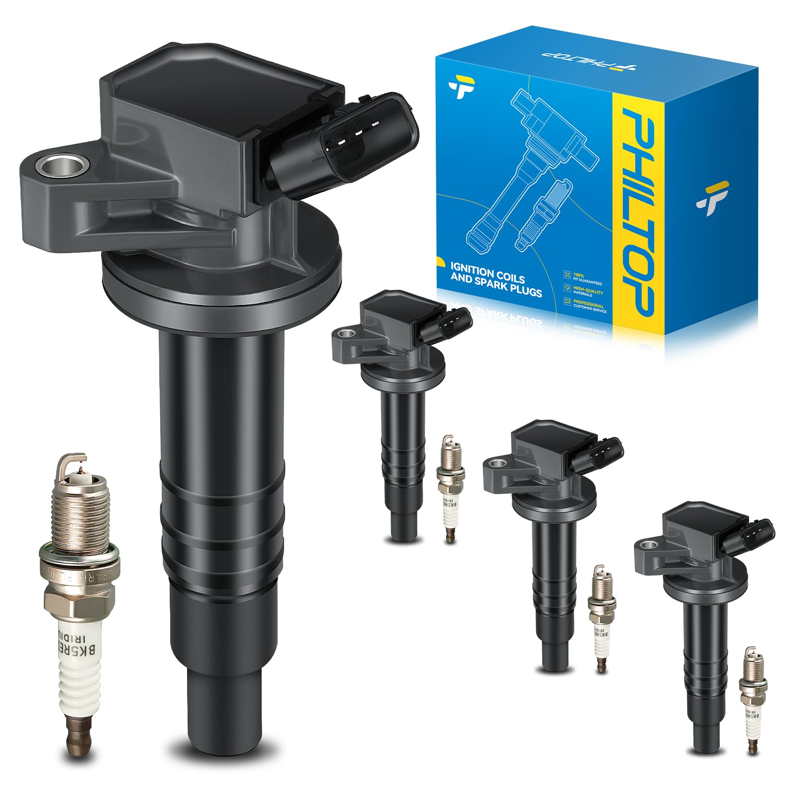 PHILTOP Ignition Coil Pack and Iridium Spark Plugs Fits for Toyota 1999-2004 2007-2008 Corolla, 2005-2006 Corolla 1.8L, 2003-2006 Matrix 1.8L, 2007-2008 Matrix, Pontiac 2003-2006 Vibe 1.8L, 4PCS UF247