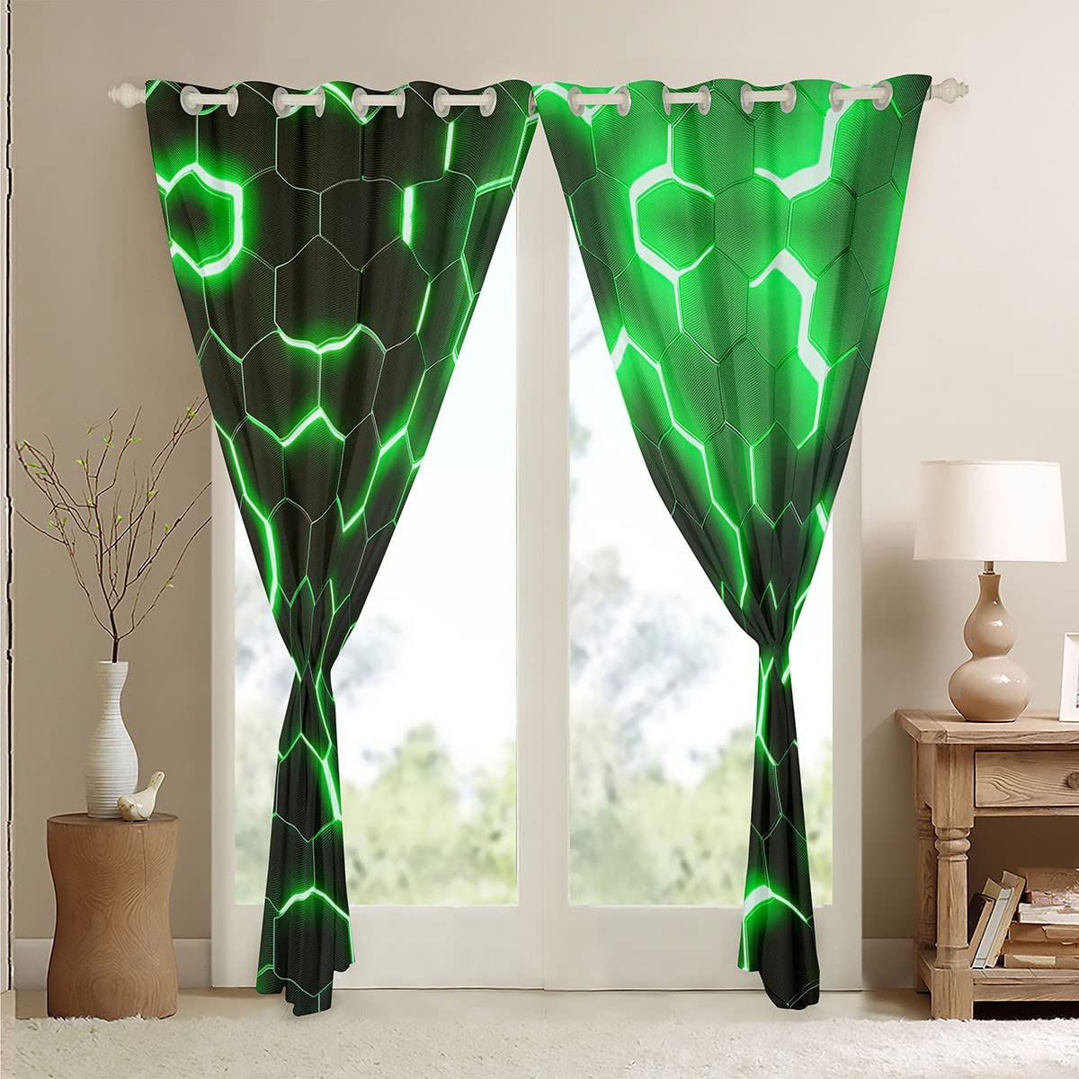 3D Honeycomb Curtains for Bedroom Hexagon Window Treatment Glitter Window Drapes Dark Green Window Draperies for Kids Boys Girls Adults W66*L90 - Image 4