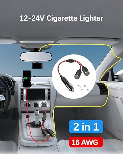 Miniatura 7 de Adaptador divisor de encendedor de cigarrillos para automóvil, 2 enchufes, cable de extensión de salida múltiple de 12 V-24 V, doble enchufe hembra
