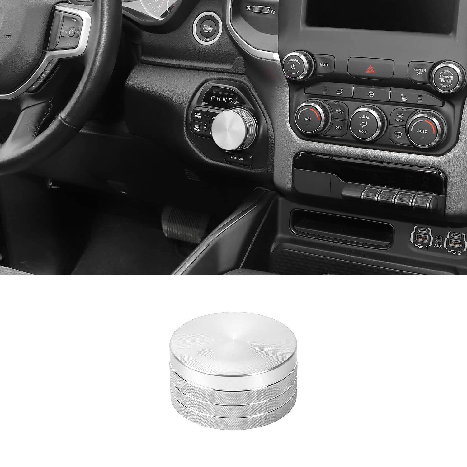 JWWY Gear Shift Switch Knob Cover Trim for Dodge 2018-2023+ RAM 1500 Special Editions, Silver Aluminum Alloy