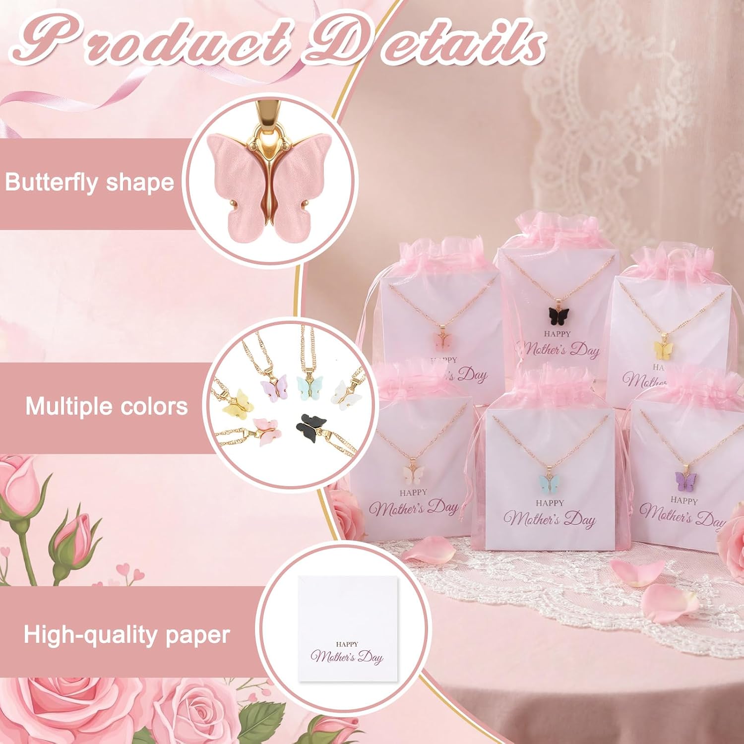 Cunno 24 Sets Mother's Day Gifts Bulk Butterfly Necklace for Mom Women Colorful Butterfly Pendant Necklace with Cards and Gift Bag Small Gifts Jewelry