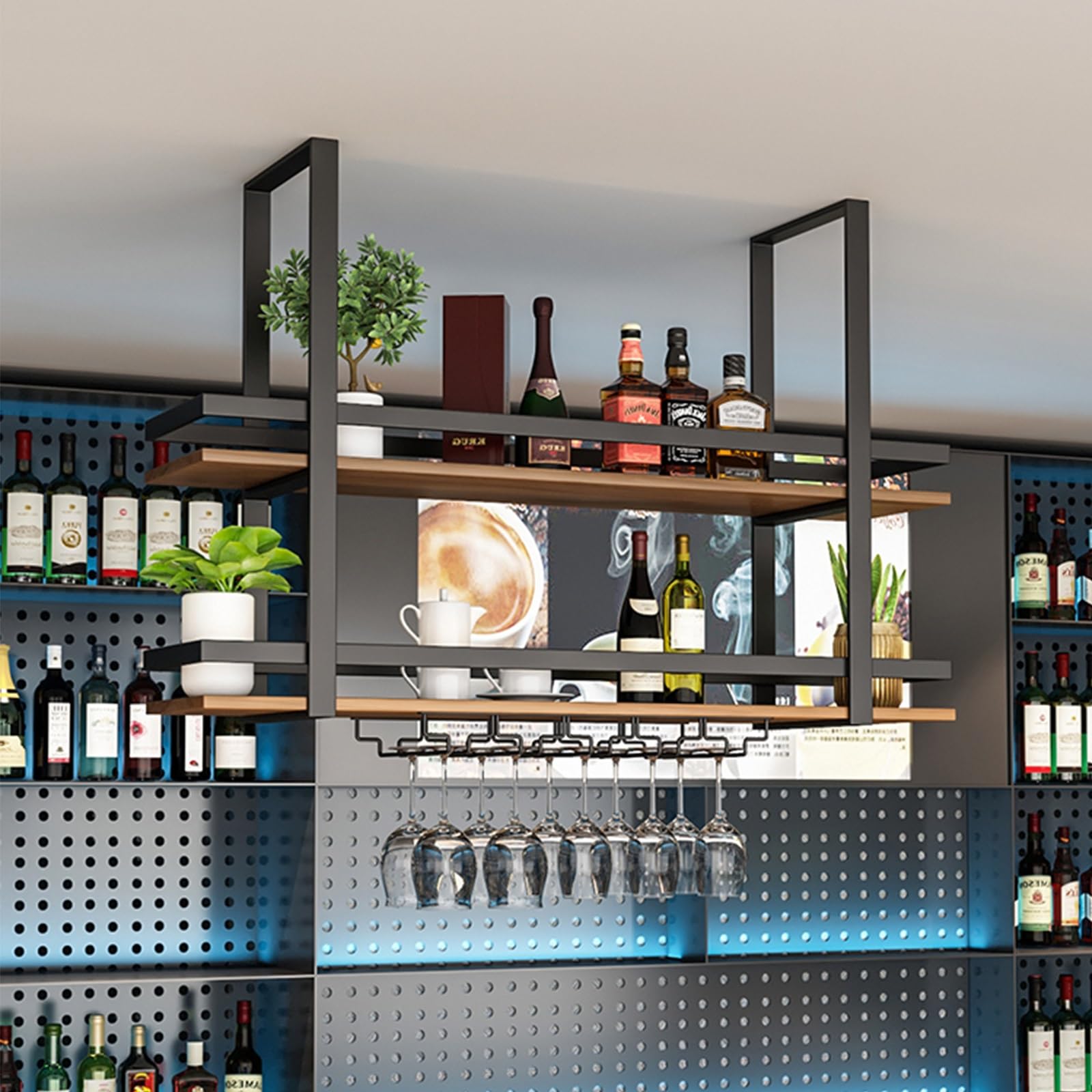 Présentoir à vin en fer à suspendre avec étagères et porte-verre