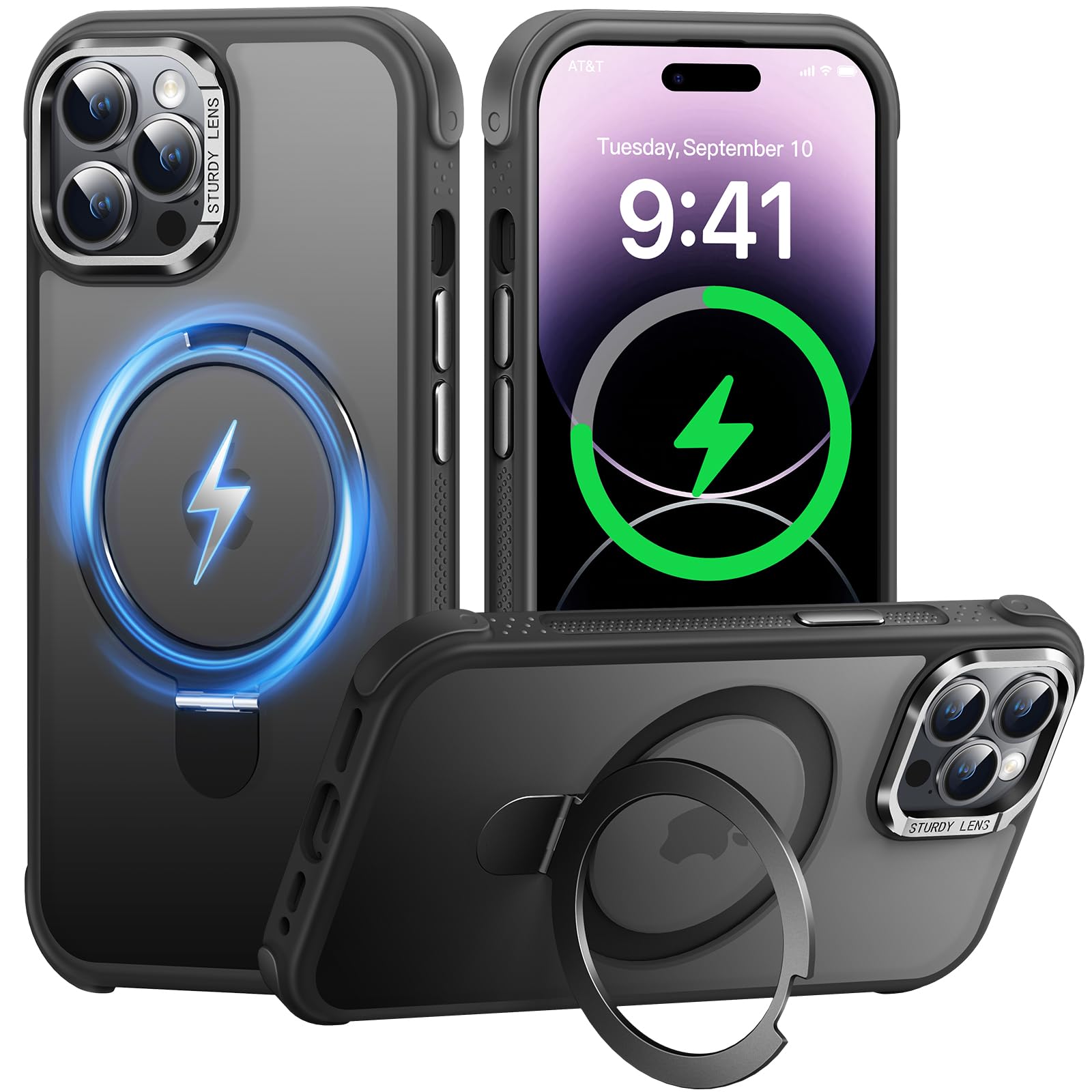 AurySharled Hülle für iPhone 14 pro max mit Unsichtbarem Magnetisch Ständer, Militärischer Fallschutz, rutschfest, Anti Fingerabdruck Kratzer, Stoßfeste Matte Handyhülle (Schwarz)