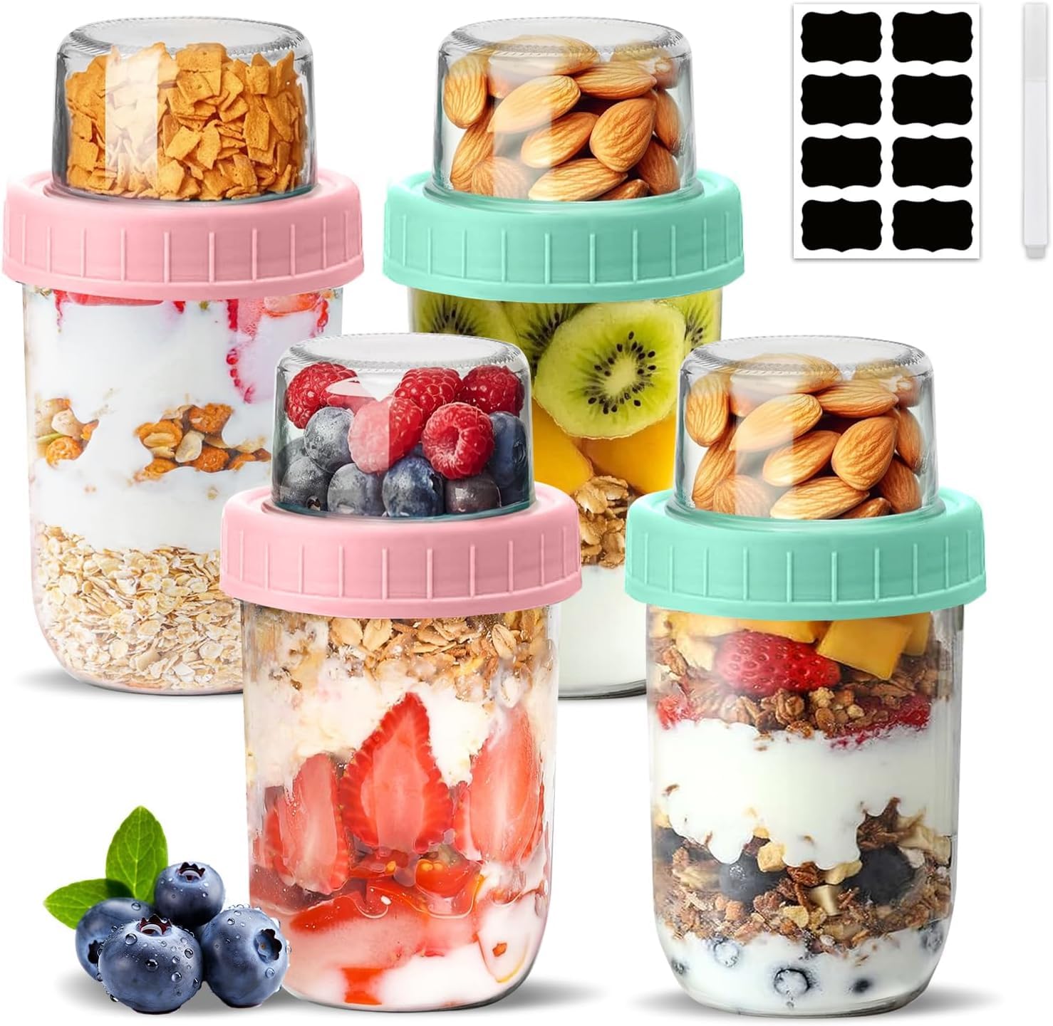 ZhouZGlass 4 Pcs 16 OZ Overnight Oats Containers with Lids, Dual-Layer Glass Containers with Lids for Dry-Wet Separation, Airtight Food Jars for Oatmeal Yogurt Parfait Cups Cereal Nut Fruit — image 1