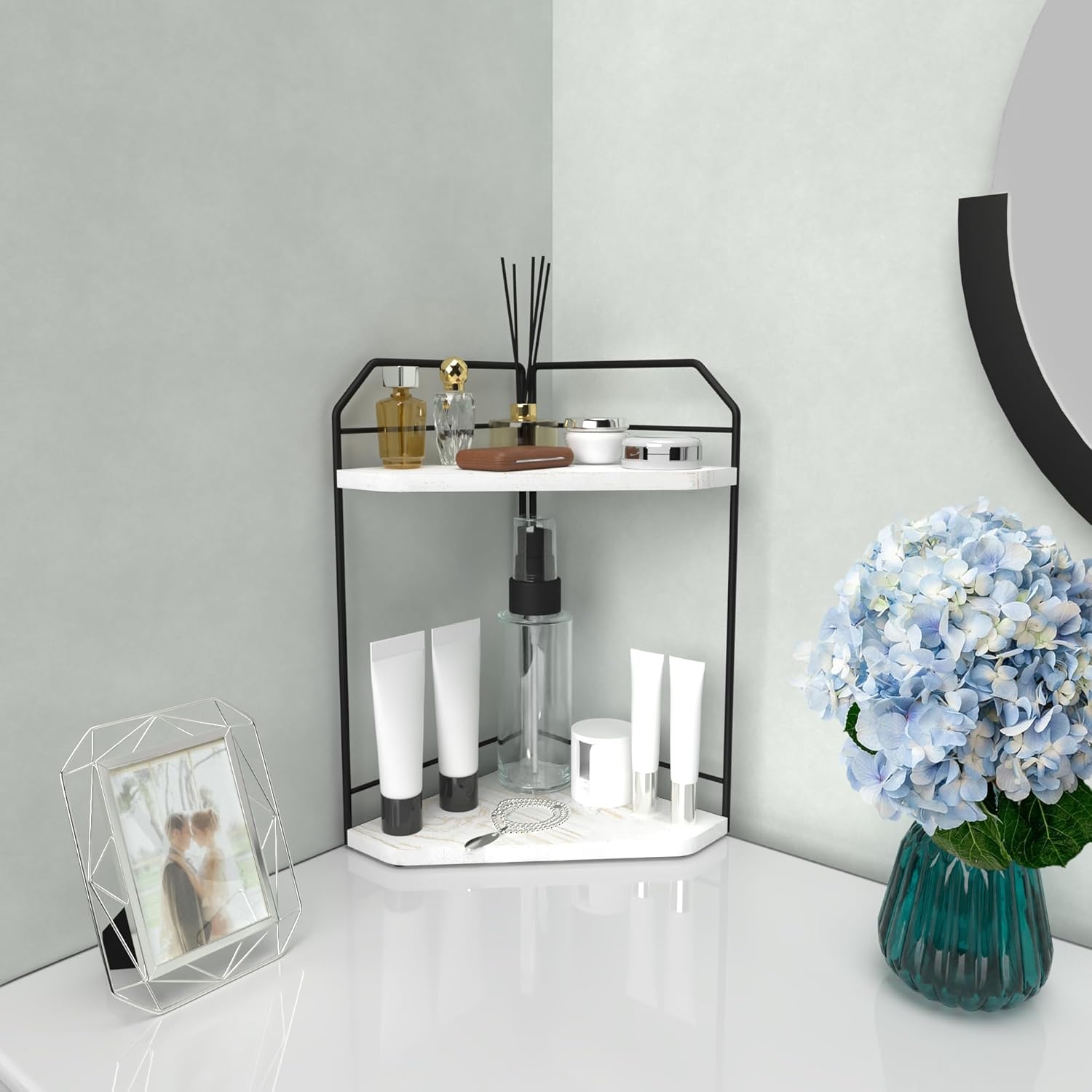 INIUNIK Corner Bathroom Counter Organizer - 3 Tier Wood Vanity Counter Shelf Perfume Skincare Holder, Countertop Corner Shelf Organizer for Bathroom, Kitchen, Rustic White