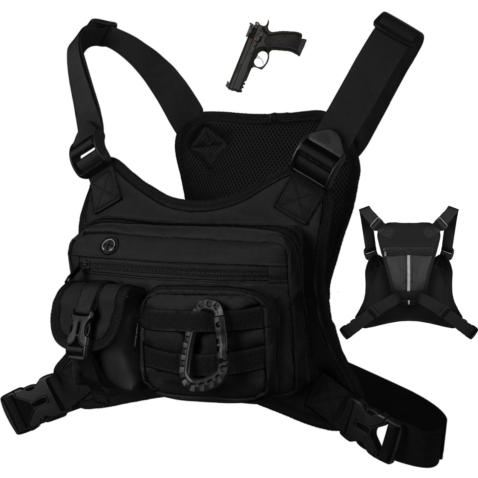 Outplea Tactical Running Chest Bag, Breathable Mesh EDC Running Vest with Phone Holder, Water Resistant Chest Rig for Trail Running Marathon Cycling, Black