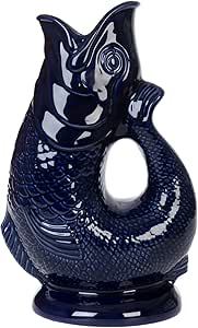 Gurgly Iconische blauwgrijze glug kruik, 28 cm, groot, 1,4 l, viswaterkruik, decoratieve visvaas, ornament, karaf