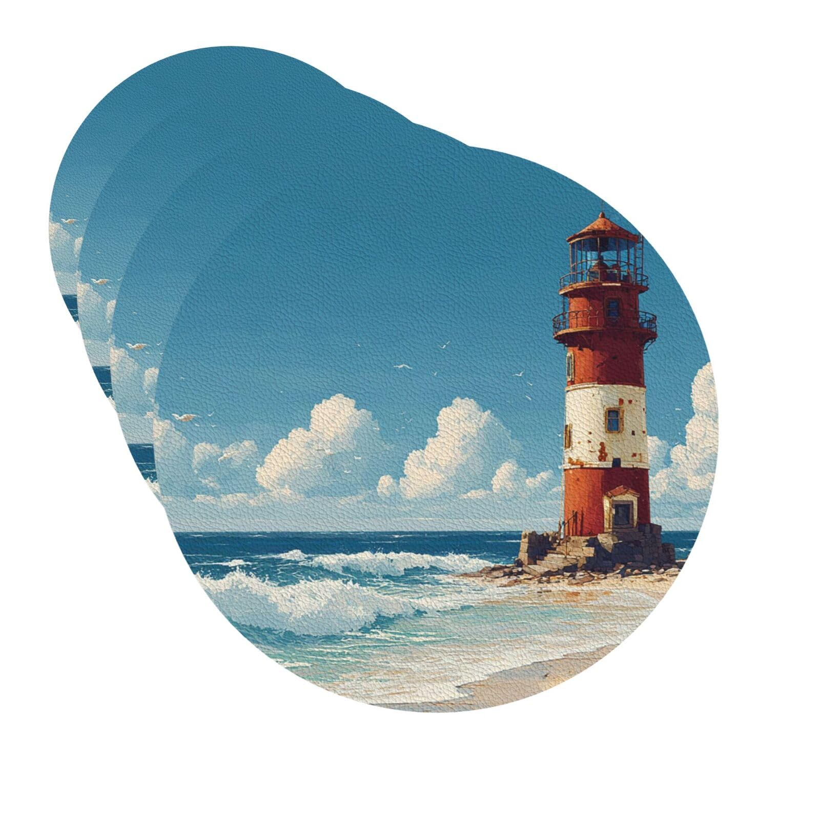 Drink Coasters Set of 4 Quick-Dry Leather Coaster Sea Lighthouse Sandbeach Coasters for Drinks Coffee Cup Mat Tabletop Protection Heat Resistant Coaster for Kitchen Bar Office Home Decor