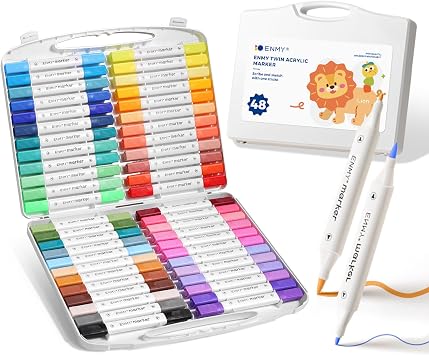 Dual Tip Acrylic Paint Markers, 48 Colors Acrylic Paint Marker Pens with Portable Case, Acrylic Art Markers for Art & Craft Supplies for Glass, Pottery, Ceramic, Rock, Canvas, DIY Art Supplies