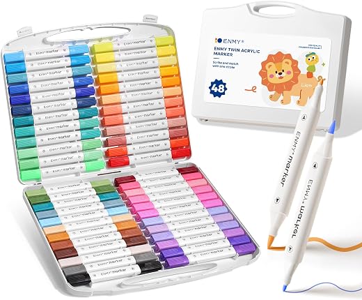 ENMY acrylic paint pencils, 48 Colors Dual Tip Acrylic Markers with Portable Art & Craft Supplies Case for Glass, Ceramic,...