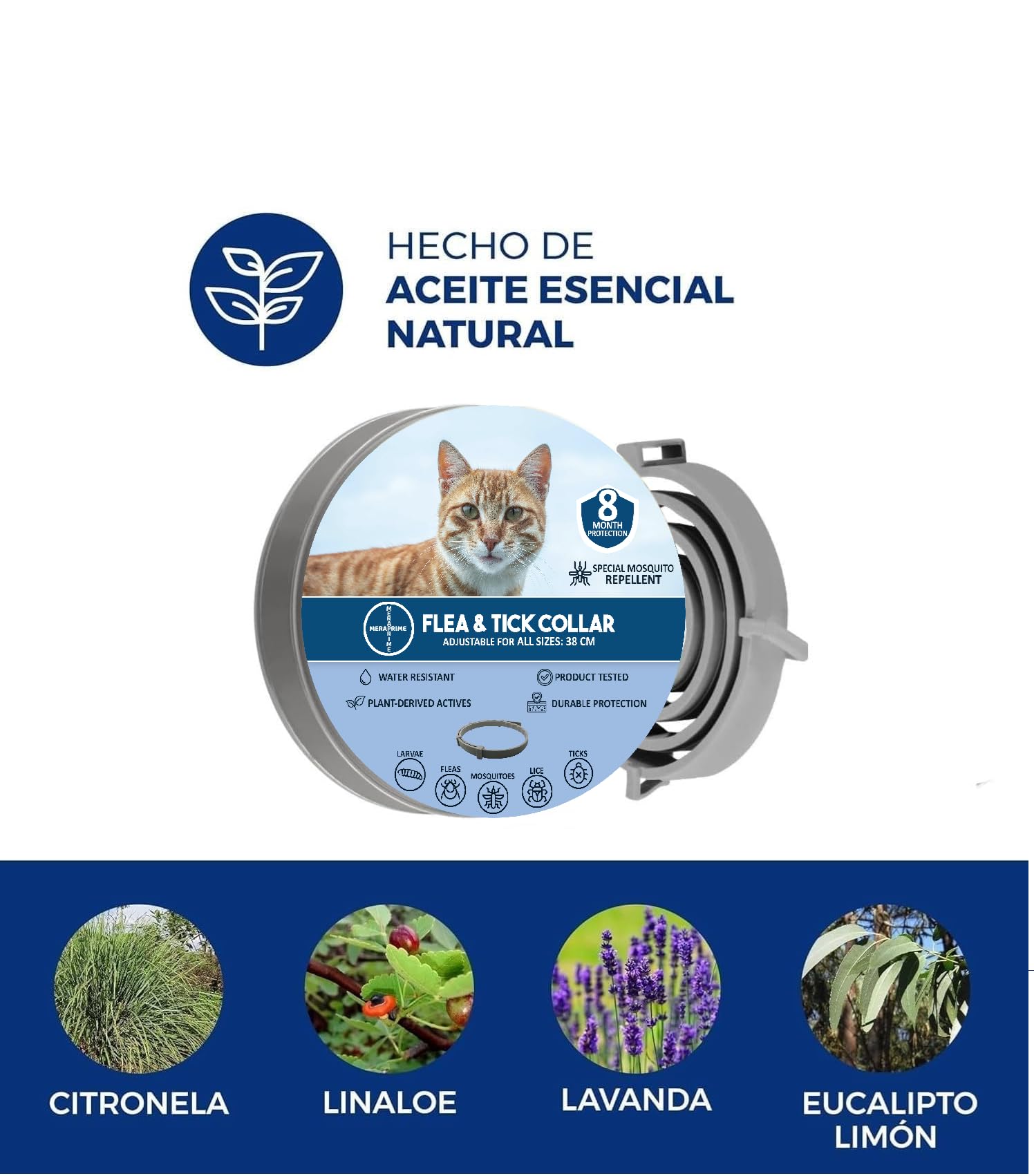 Collar Antiparasitario Gatos y Perros - Desparasitante Gatos Mosquitos, Pulgas y Garrapatas - Collar Antipulgas Gato, Desparasitacion Gato -38cm Ajustable, 8 Meses, Repelente Vegetal, Impermeable