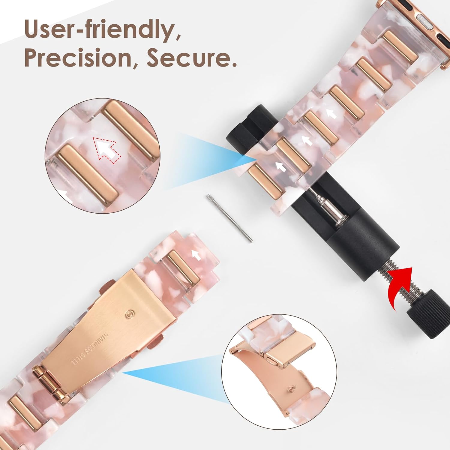 V-MORO Compatible with Apple Watch 42mm 41mm 40mm 38mm,Fashion Lightweight Resin Metal Strap Bracelet with Rose Gold Stainless Steel Inlay for iWatch Series 11/10/9/8/7/6/5/4/3/2/1/SE,Pink Flower