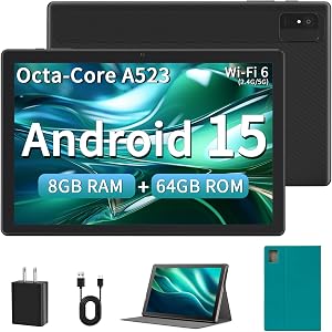 Android Tablet, 10 Inch Android 15 Tablet with Octa-Core Processor, 8GB RAM + 64GB ROM (Expandable to 1TB), 5G/2.4G WiFi 6, HD IPS Touchscreen, Dual Cameras, Tablets with Case