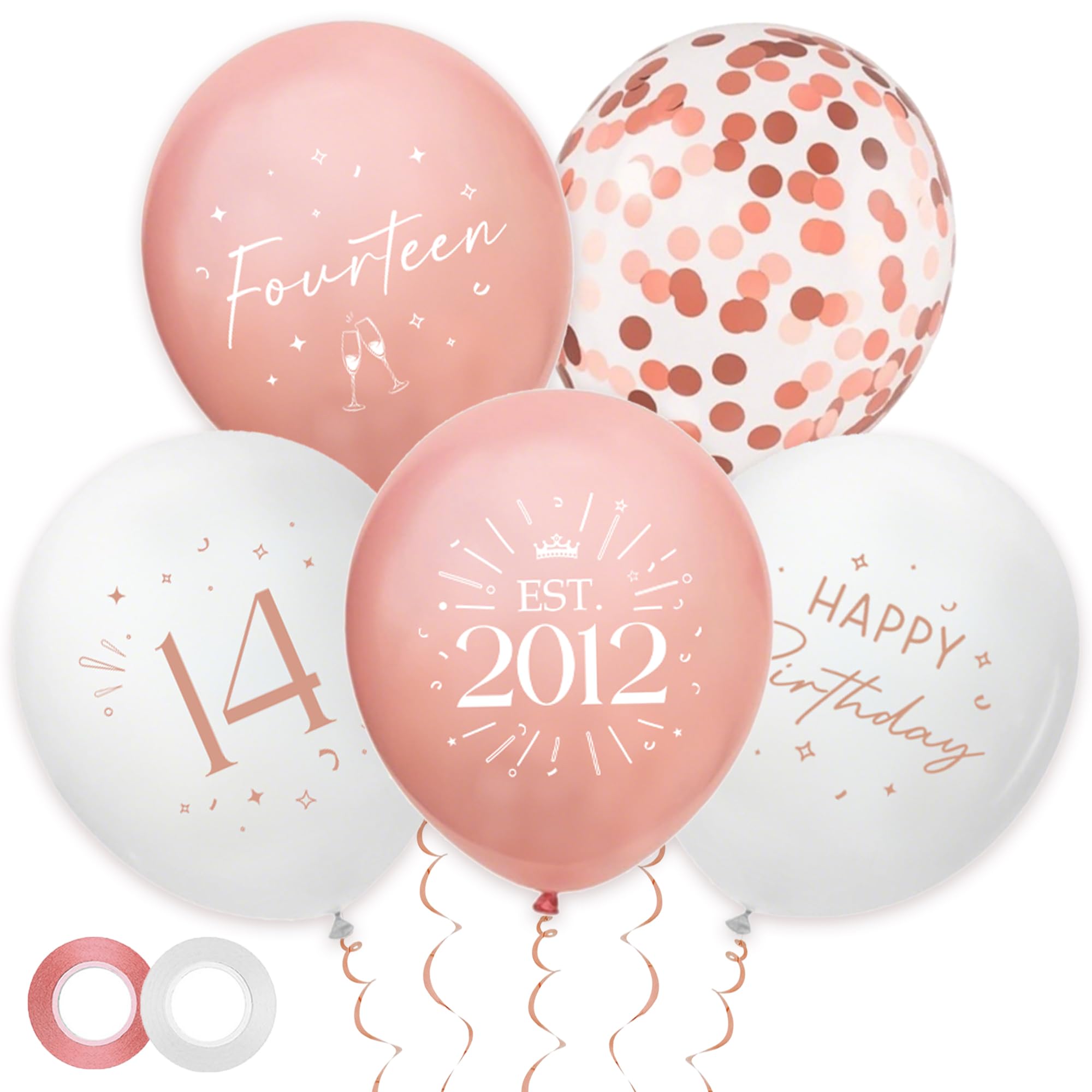 30 Pack 14th Birthday Balloons Decorations - Rose Gold 14 Party Decor for Girls Forteen Balloon with Ribbon, Retro Vintage Classic EST. 2012 Happy 14th Birthday Decoration