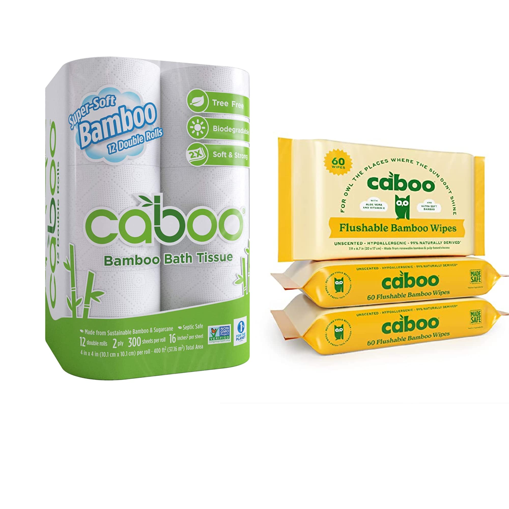 CabooTree Free Toilet Paper (12 rolls) + Caboo Tree Free Flushable Wipes (pack of 3-60 count each pack)