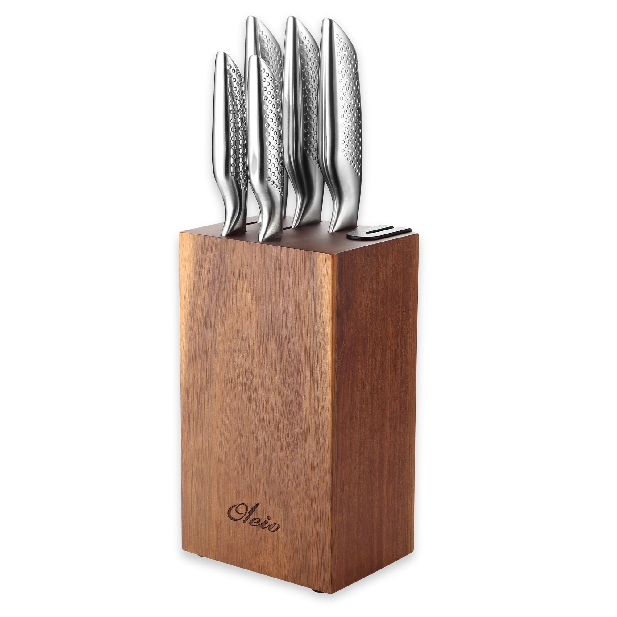 Oleio Maestro Bloc à Couteaux 5 Pièces en Acier Inoxydable avec Bloc en Bois d’Acacia et Aiguiseur Intégré | Couteaux de Cuisine Professionnels pour Viande, Légumes et Pain
