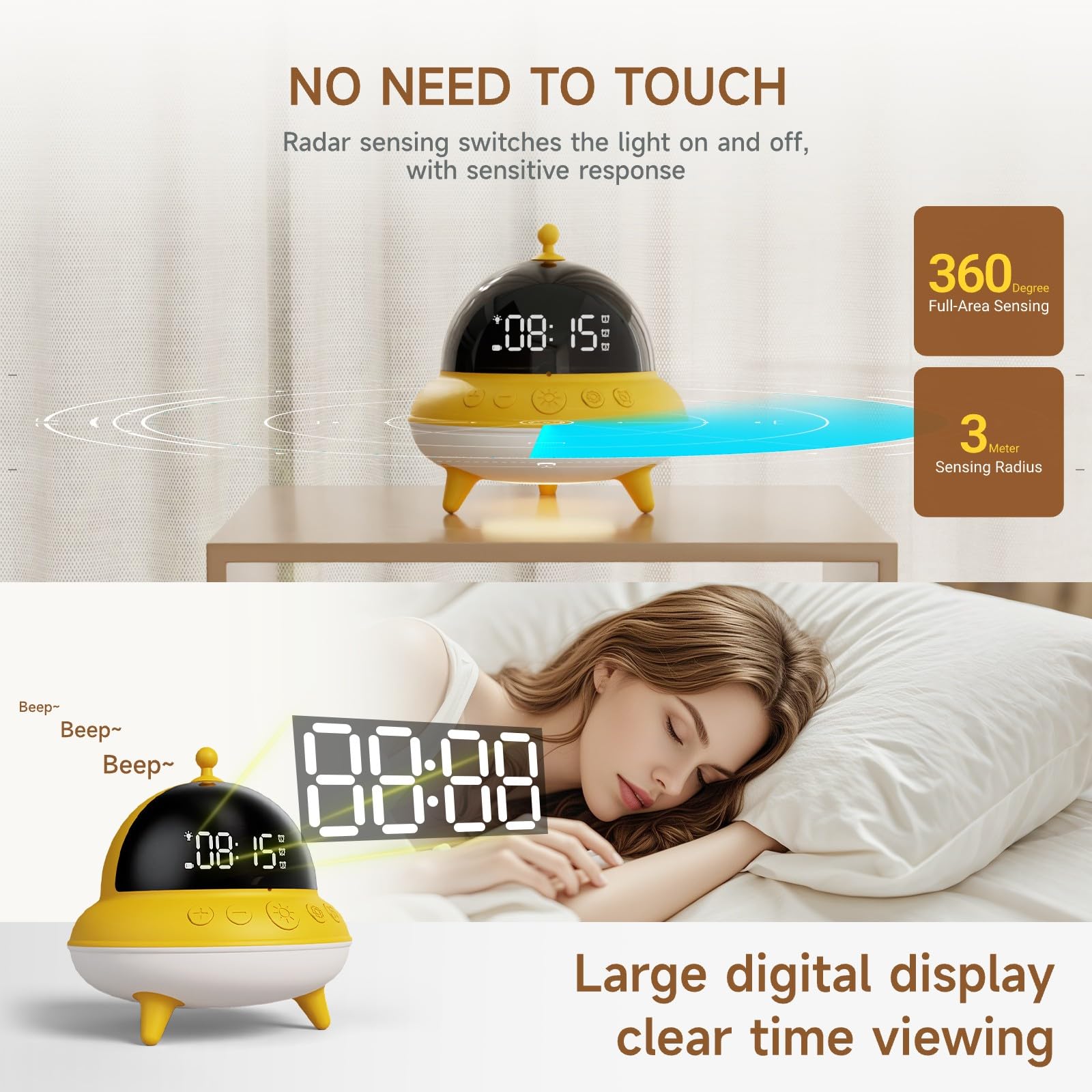 BEAVERLAB - Sveglia per bambini e ragazzi, con 7 colori, luce notturna per bambini, 0 dB, carica USB-C e batteria da 15 giorni, per camera da letto