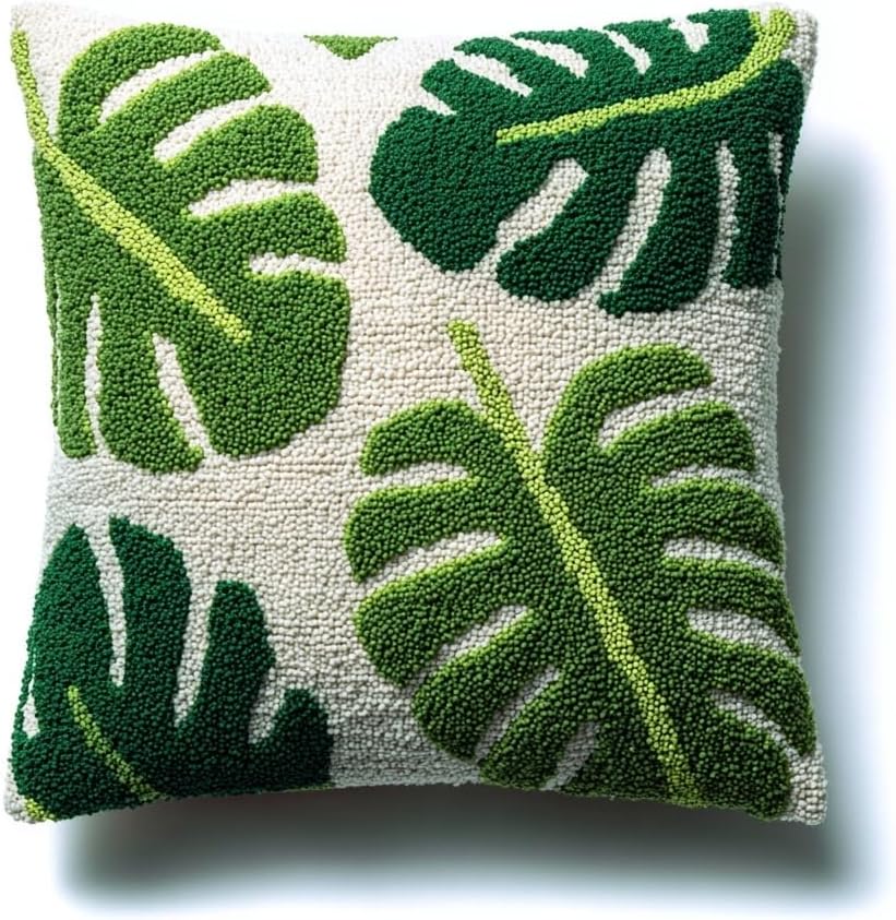 Latch Hook Pillow Kit Green Monstera Deliciosa Leaves with Pre-Printed Pillow Cover DIY Pillowcase Crochet Yarn Hooking Craft Set for Hobby and Home Decor 43x43cm