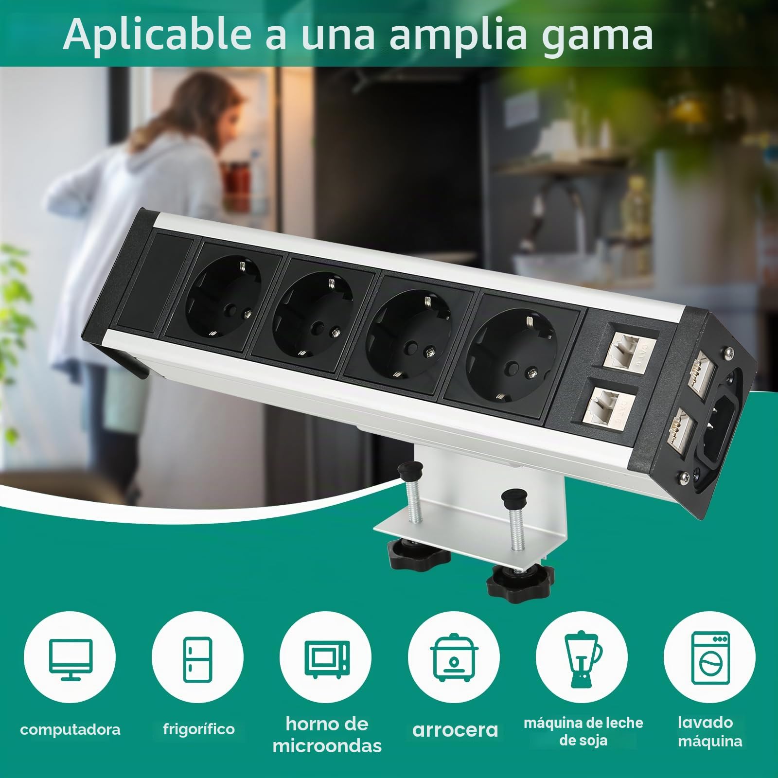 Regleta de mesa 4 enchufes con 2 RJ45, regleta de enchufes enchufable para cocina y oficina, cable de 1.5M