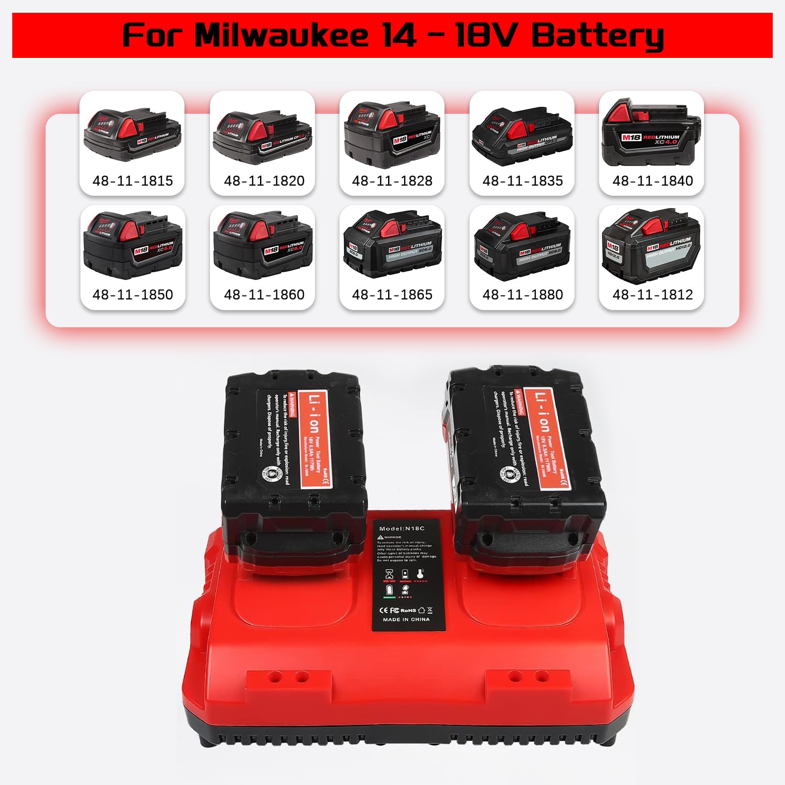 Ładowarka zastępcza kompatybilna z akumulatorem Milwaukee M18, 14,4 V-18 V 4 A, Dual Port Szybka ładowarka z wyświetlaczem LED do procesu ładowania i stanu akumulatora, wielofunkcyjna ładowarka z