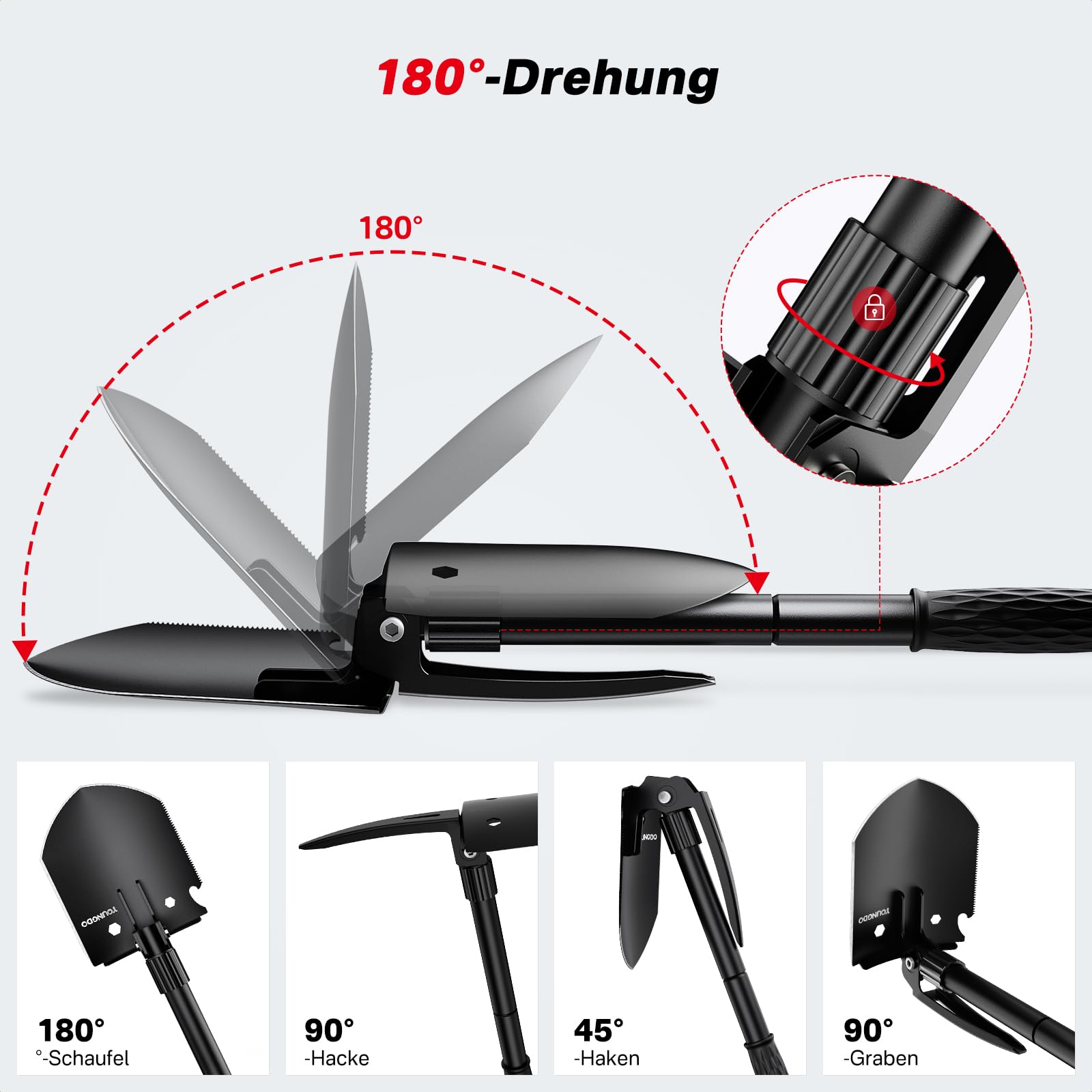YOUNGDO Klappspaten 10 Funktionen, Multifunktional-Klappschaufel, Einfach Tragbar, Rostfrei Spaten aus Hochwertiger legierter Stahl, Abnehmbar Schaufel für Überleben/Schneeschaufeln/Garten/Camping