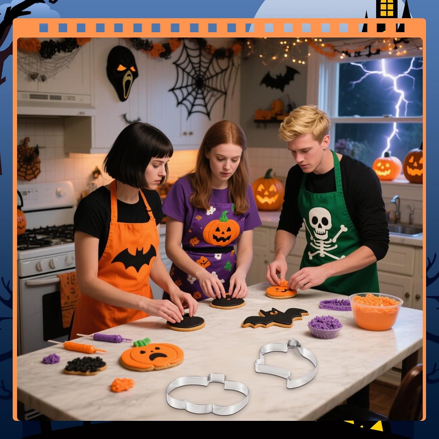 Teenyyou 3 Pcs Large Halloween Cookie Cutters Set 7.5 Inch Extra Large Pumpkin Bat Ghost Shapes Stainless Steel Metal Giant Cookie Cutters Molds for Halloween Day Baking Party Kitchen Accessories