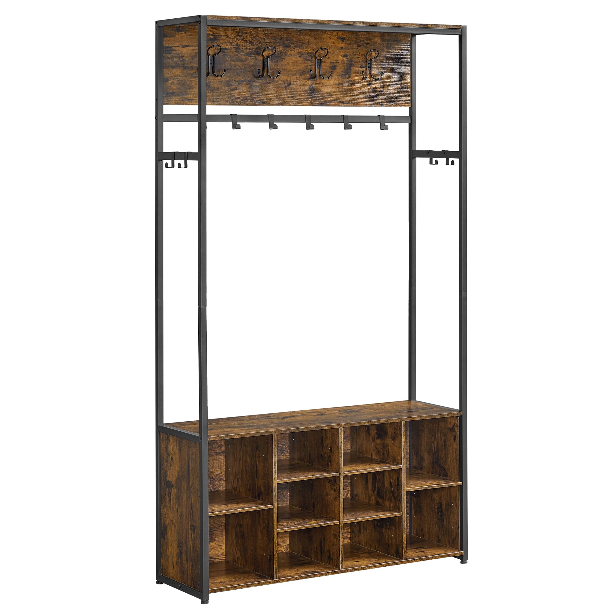VASAGLE Perchero, Perchero Recibidor, con Banco Zapatero, Estantes Regulables, Compartimentos Abiertos, Estilo Industrial, Ahorra Espacio, para Entrada, Pasillo, Marrón Rústico y Negro Tinta HSR432K01