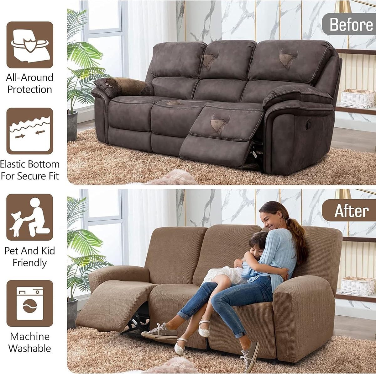 Copridivano Relax Reclinabile Elasticizzato 1/2/3 Posti, Copripoltrona Relax Reclinabile Universale con Tasche, 6-Pezzi Fodera per Poltrona Lavabile, Coperture per Divano da Massaggio Lavabile ( Color