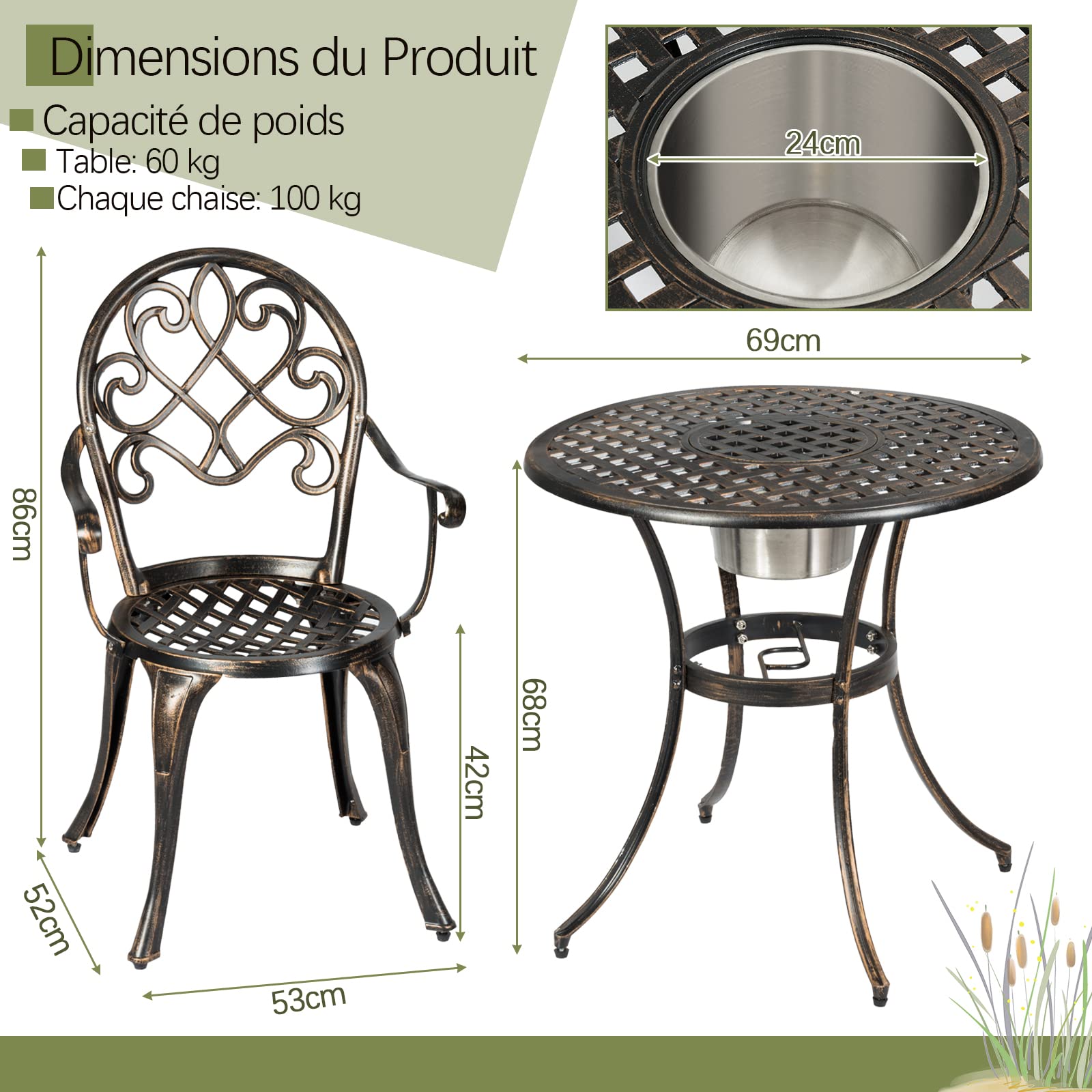 GOPLUS Ensemble de Bistrot 3 Pièces en Fonte d'Aluminium, Table Ronde avec Seau à Glace Amovible & 2 Chaises, Résistant aux Intempéries, Style Antique