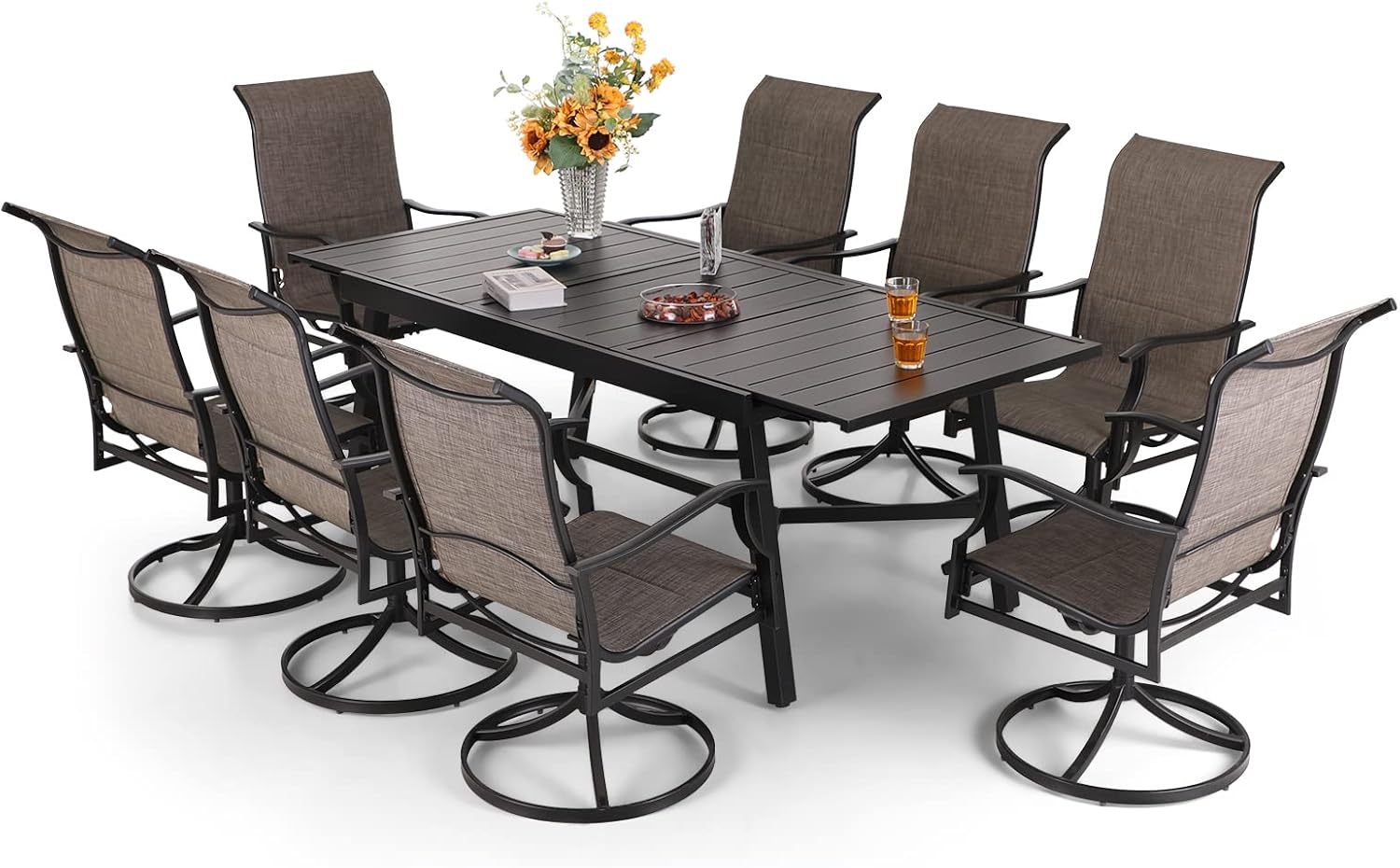 PHI VILLA 9 PCS Outdoor Table and Chair Set with 8 Padded High Back 360 Degree