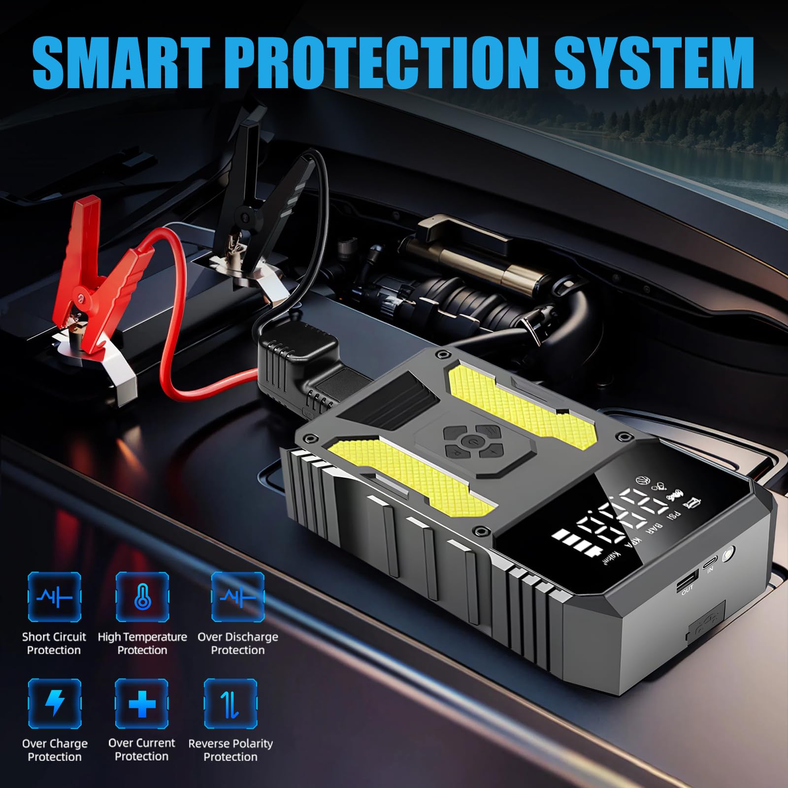 Tragbares Auto-Starthilfegerät mit Luftkompressor 6000A – Batterieladegerät, Powerbank mit LED-Taschenlampe & LED-Display