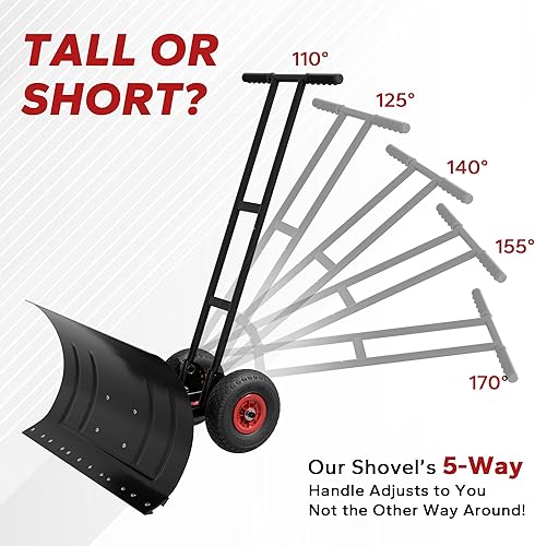 Miniatura 5 de Pala de nieve de 29 pulgadas con ruedas de 10 pulgadas, quitanieves con hoja en ángulo de 7 posiciones y ajuste de altura de 5 niveles, mango